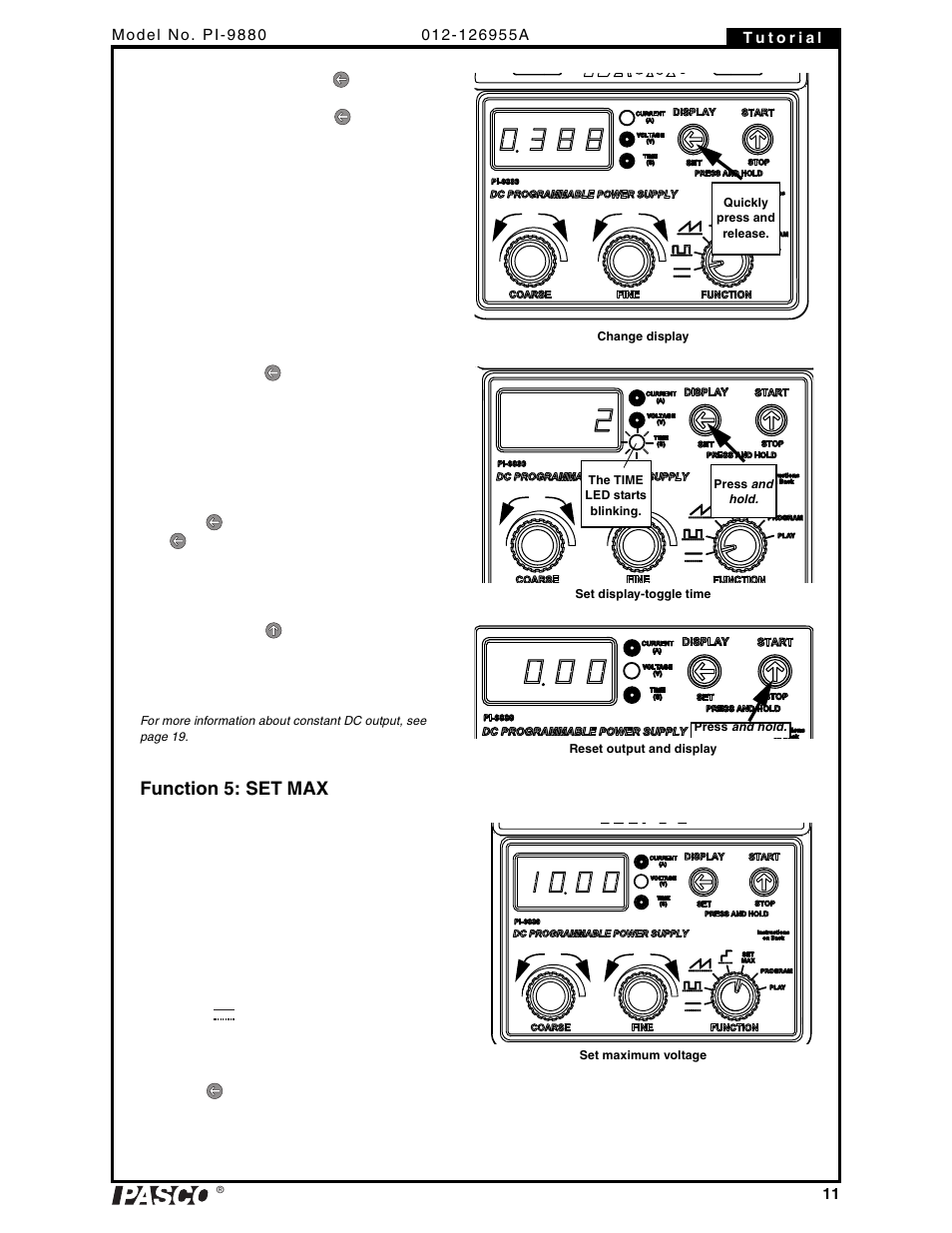 Function 5: set max | PASCO PI-9880 Power Supply User Manual | Page 11 / 38