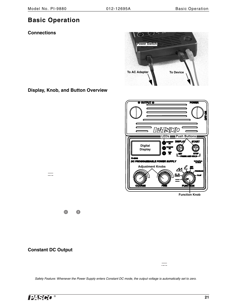 Basic operation, Connections, Display, knob, and button overview | Constant dc output | PASCO PI-9880 Power Supply User Manual | Page 21 / 38