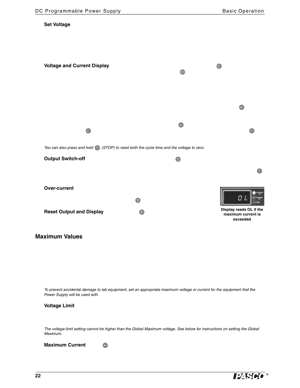 Maximum values | PASCO PI-9880 Power Supply User Manual | Page 22 / 38