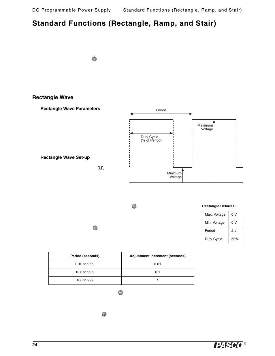 Standard functions (rectangle, ramp, and stair), Rectangle wave | PASCO PI-9880 Power Supply User Manual | Page 24 / 38