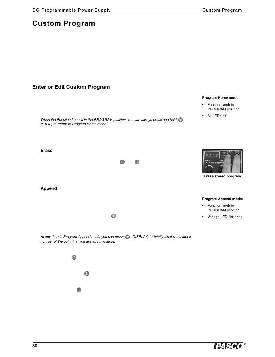 Custom program, Enter or edit custom program | PASCO PI-9880 Power Supply User Manual | Page 30 / 38