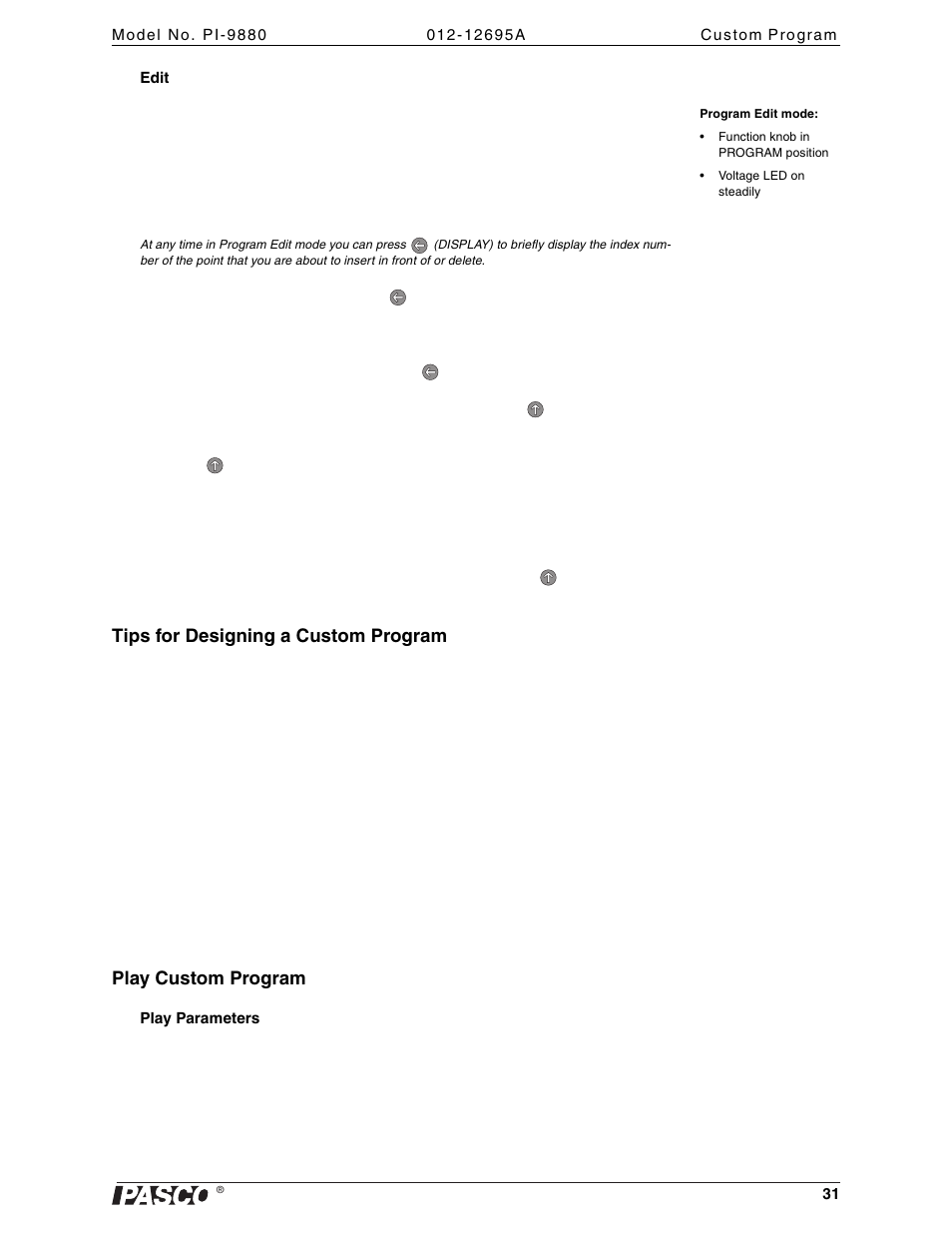 Tips for designing a custom program, Play custom program | PASCO PI-9880 Power Supply User Manual | Page 31 / 38