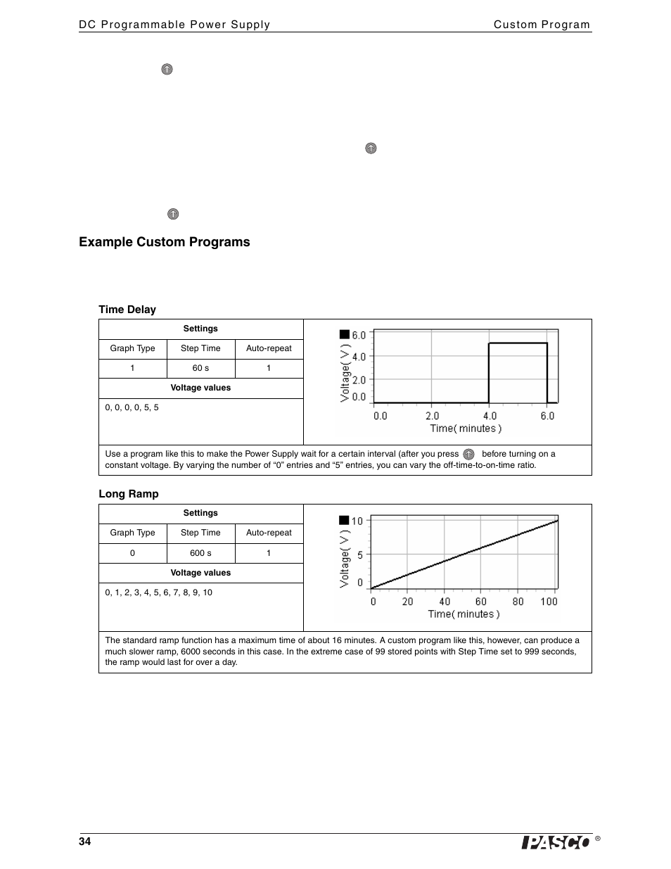 Example custom programs | PASCO PI-9880 Power Supply User Manual | Page 34 / 38