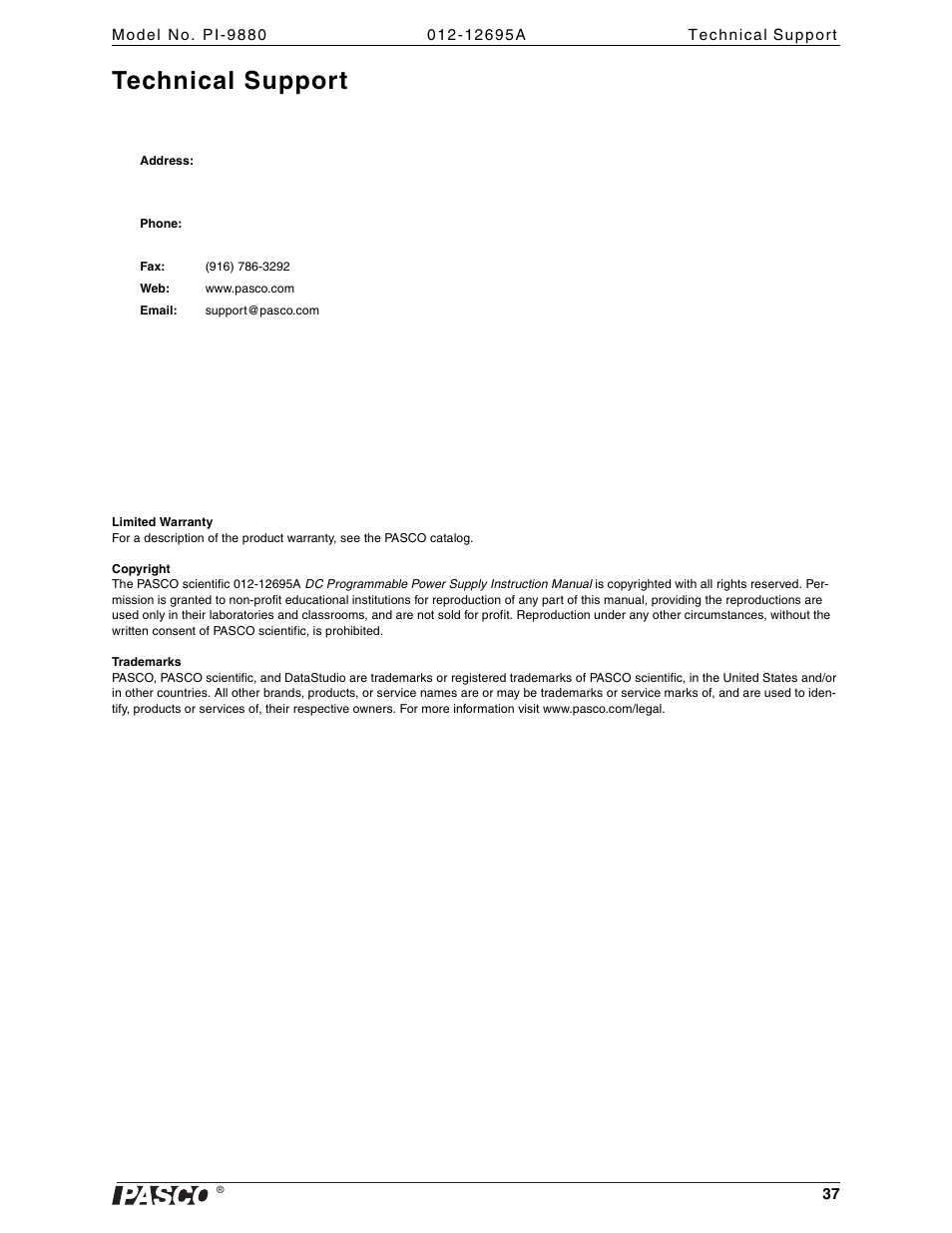 Technical support, Limited warranty, Copyright | Trademarks | PASCO PI-9880 Power Supply User Manual | Page 37 / 38