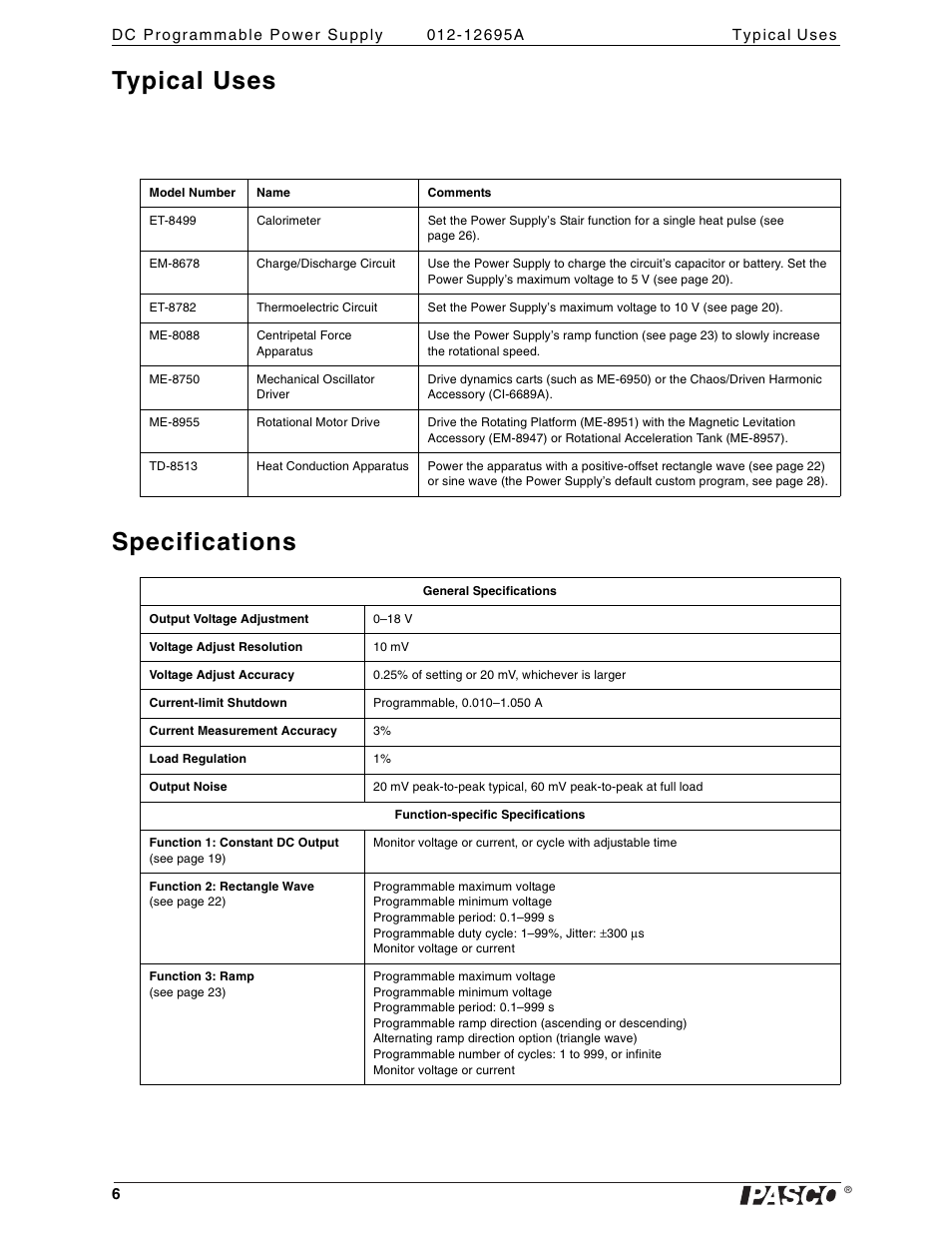 Typical uses, Specifications | PASCO PI-9880 Power Supply User Manual | Page 6 / 38