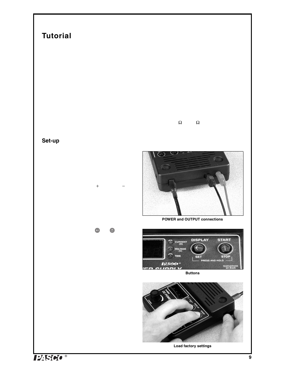 Tutorial, Set-up | PASCO PI-9880 Power Supply User Manual | Page 9 / 38