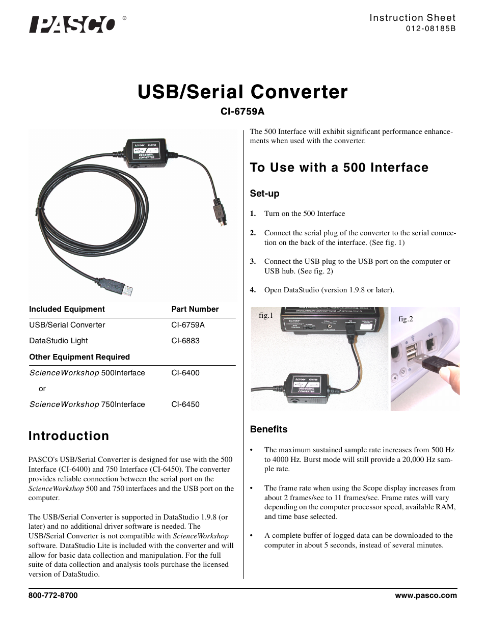 PASCO CI-6759A USB_Serial Converter User Manual | 2 pages