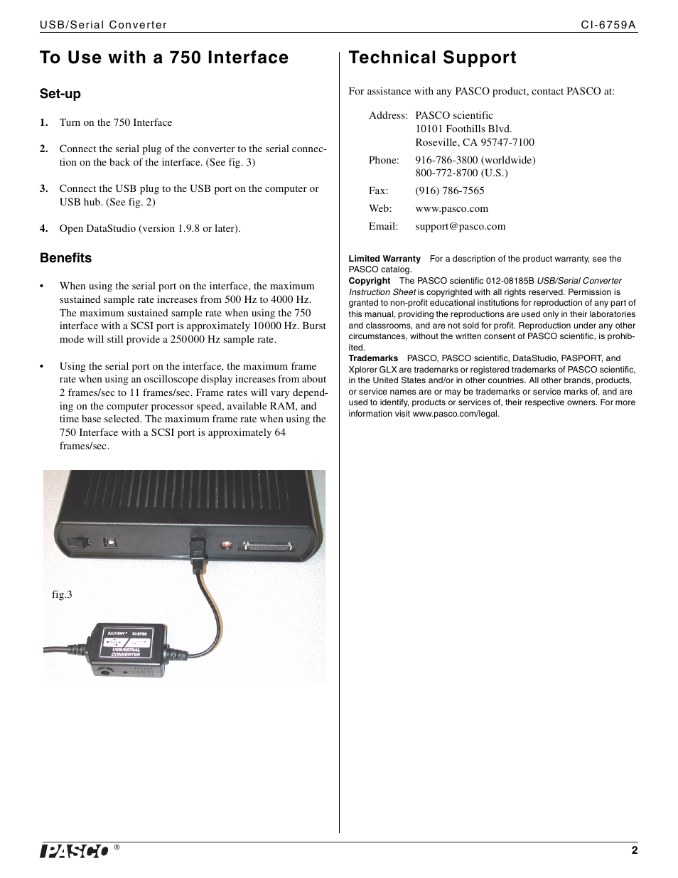 Technical support | PASCO CI-6759A USB_Serial Converter User Manual | Page 2 / 2
