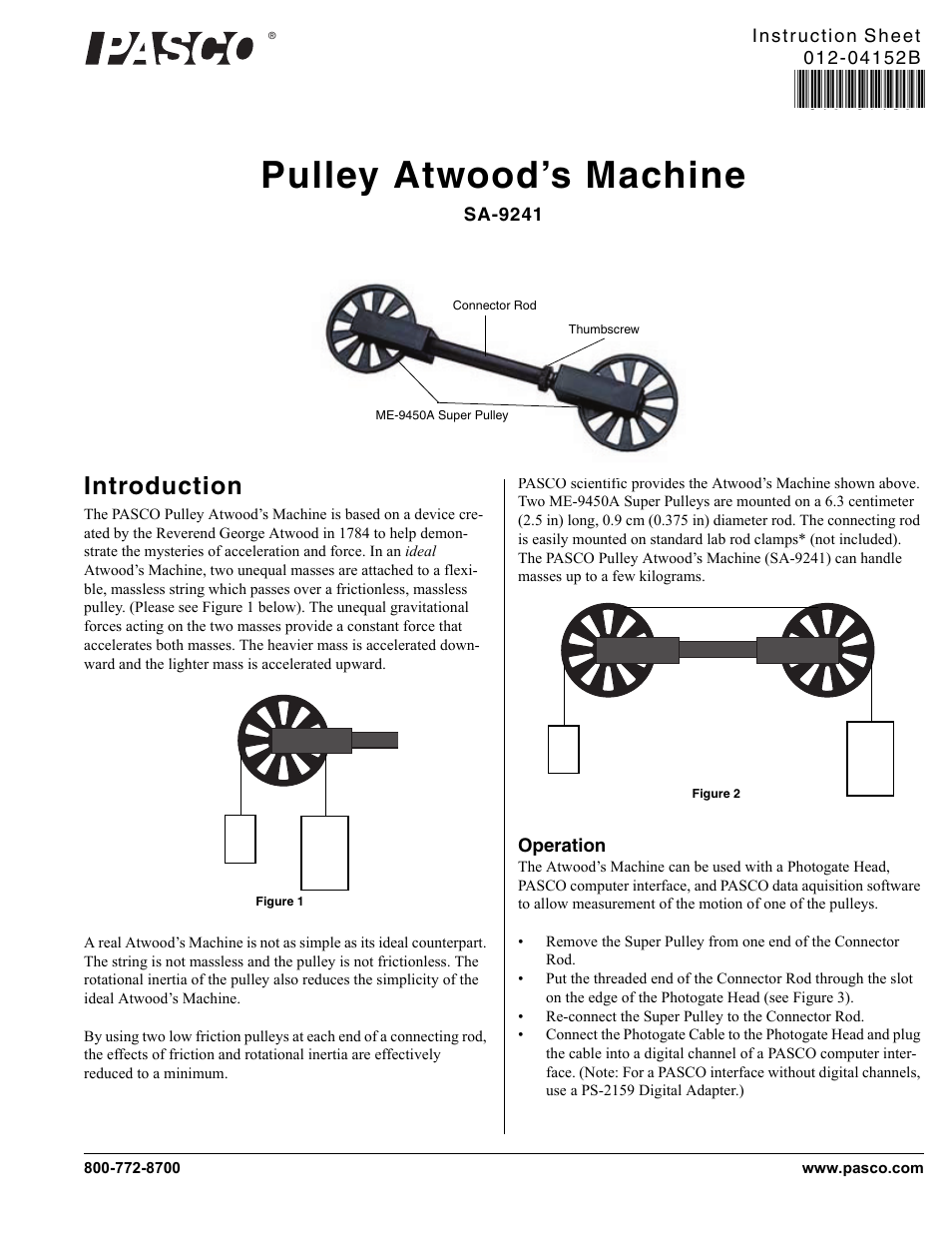 PASCO SA-9241 Pulley Atwood’s Machine User Manual | 2 pages