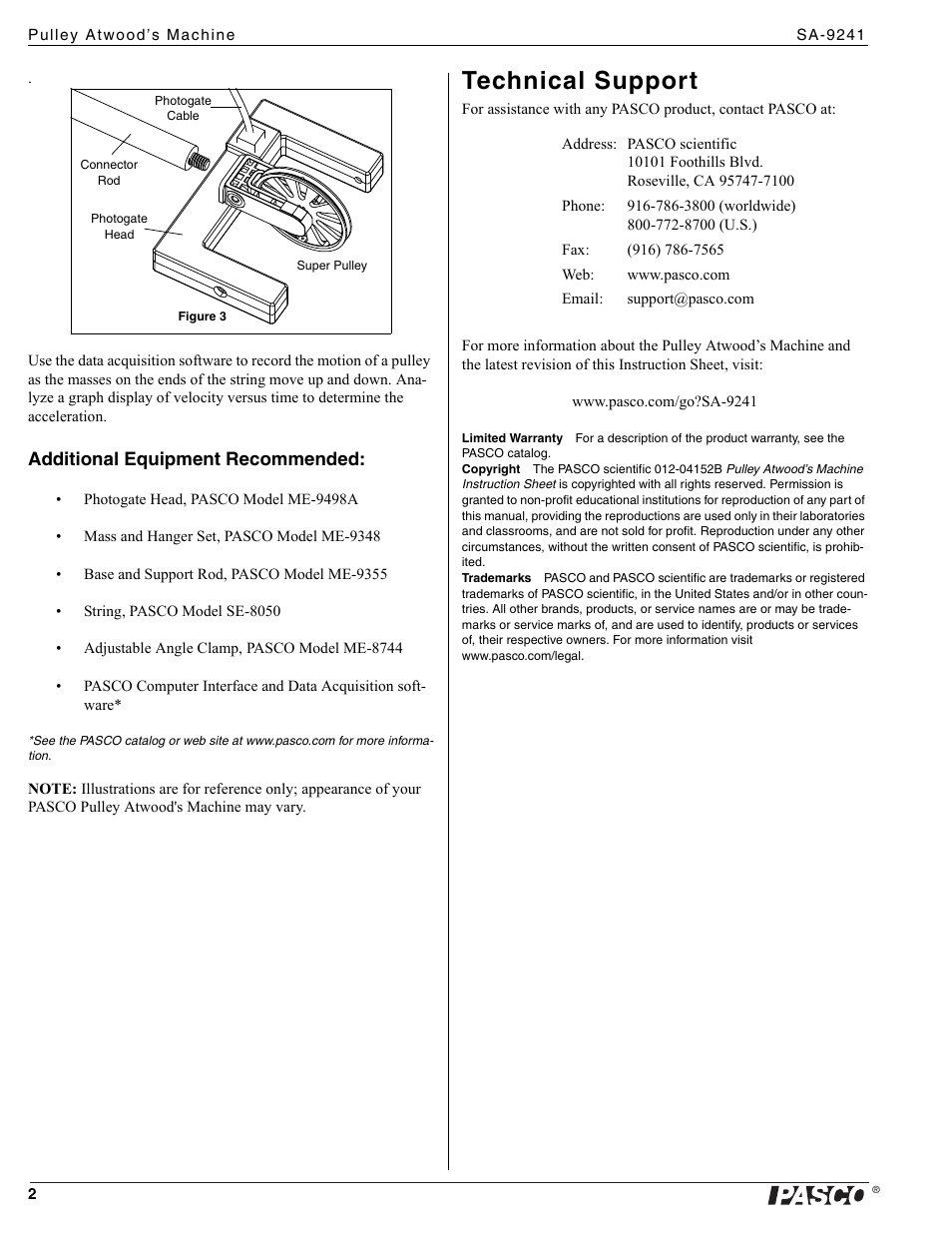 Technical support, Additional equipment recommended | PASCO SA-9241 Pulley Atwood’s Machine User Manual | Page 2 / 2