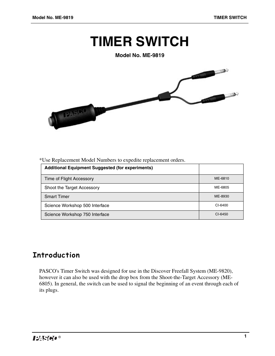 Timer switch, Introduction | PASCO ME-9819 Timer Switch User Manual | Page 3 / 4