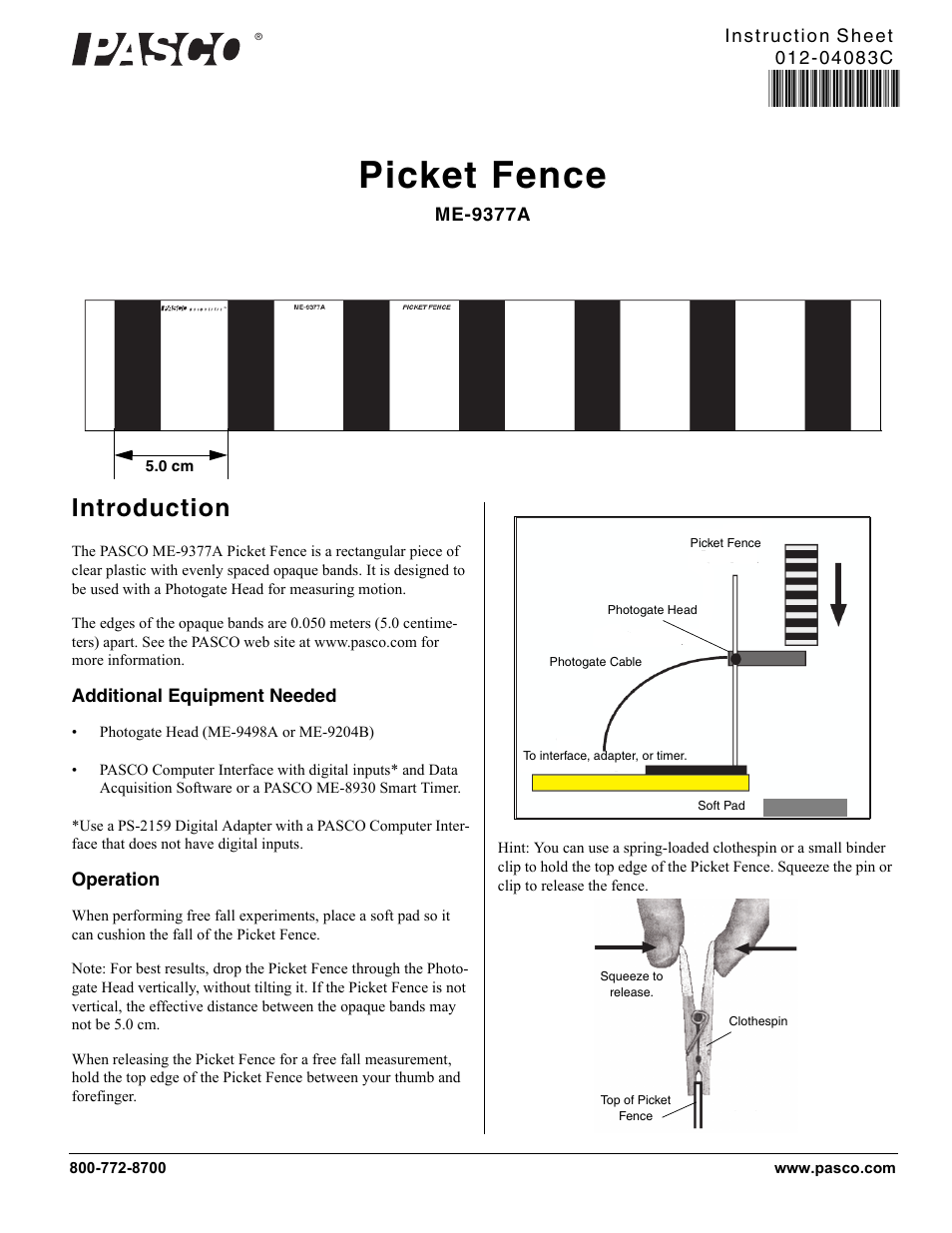 PASCO ME-9377A Picket Fence User Manual | 2 pages