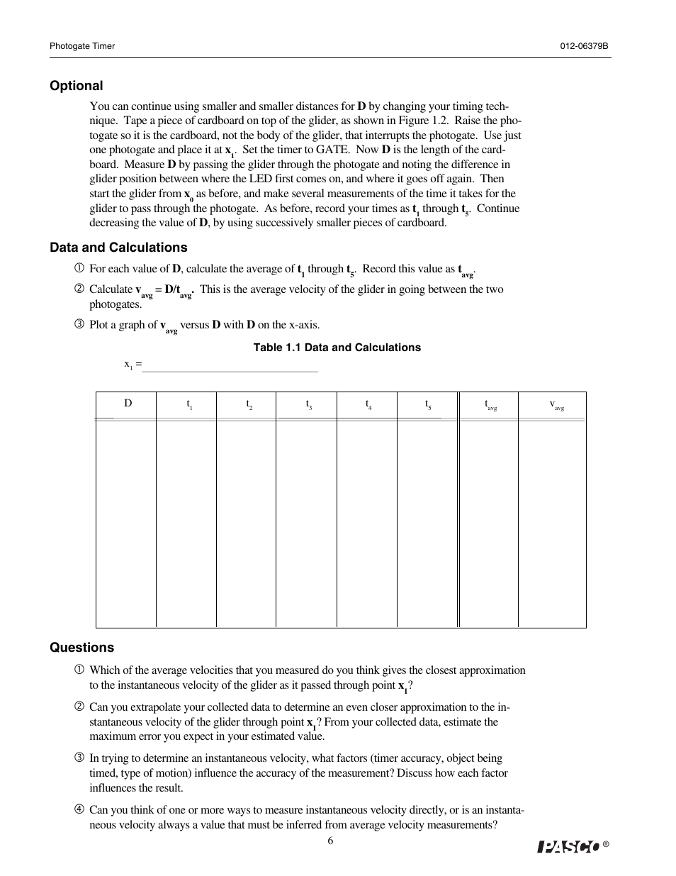 Optional, Data and calculations c, Questions c | PASCO ME-9215B Photogate Timer User Manual | Page 10 / 44
