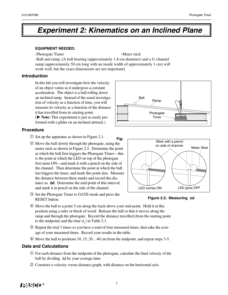 Experiment 2: kinematics on an inclined plane | PASCO ME-9215B Photogate Timer User Manual | Page 11 / 44