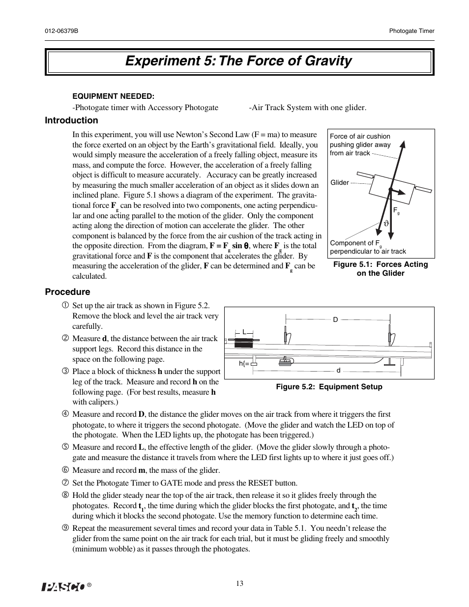 Experiment 5: the force of gravity | PASCO ME-9215B Photogate Timer User Manual | Page 17 / 44