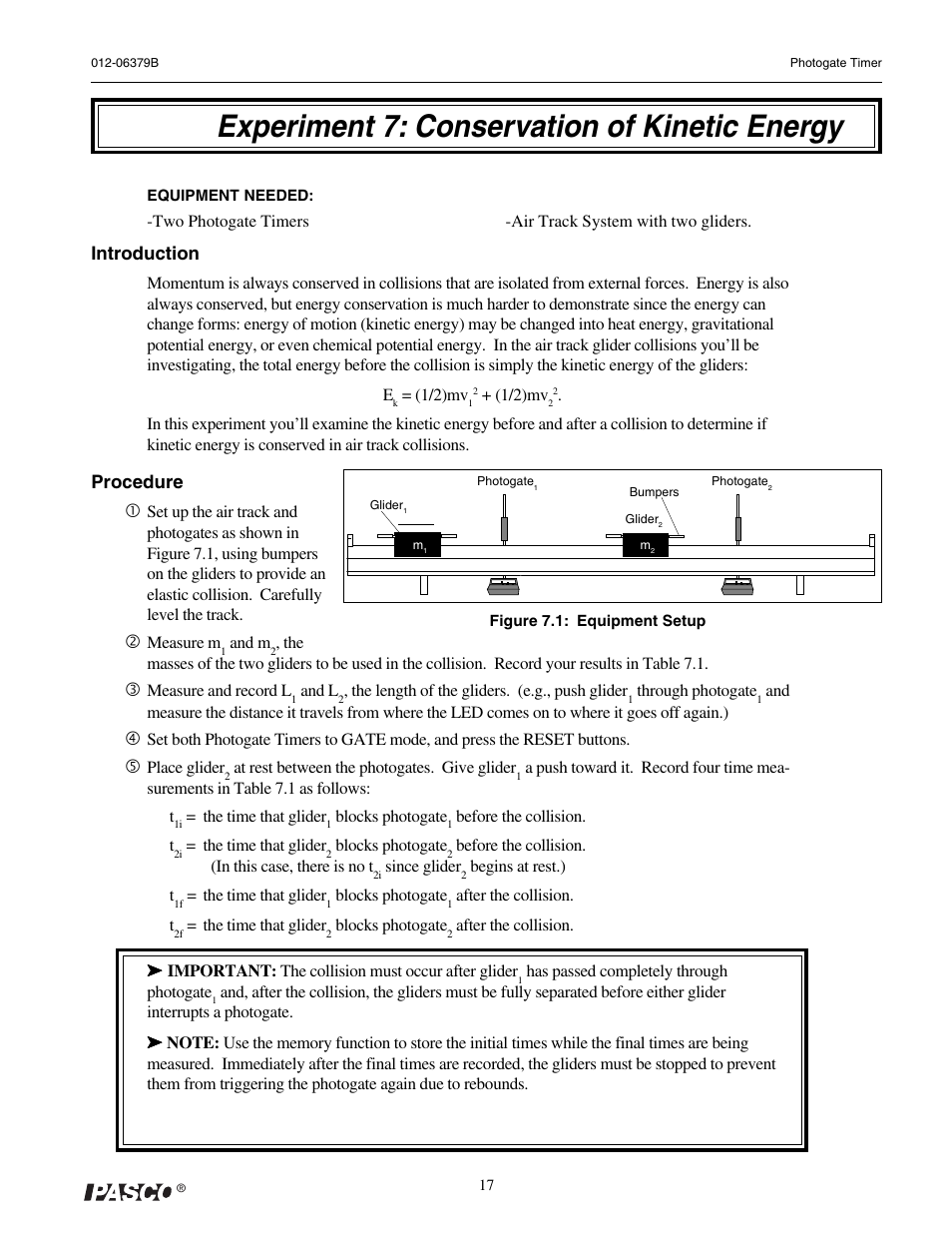Experiment 7: conservation of kinetic energy, Introduction, Procedure c | PASCO ME-9215B Photogate Timer User Manual | Page 21 / 44