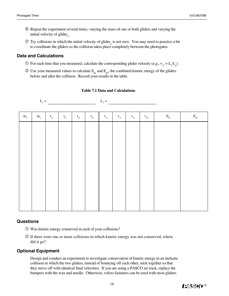 Questions c, Optional equipment, Data and calculations c | PASCO ME-9215B Photogate Timer User Manual | Page 22 / 44