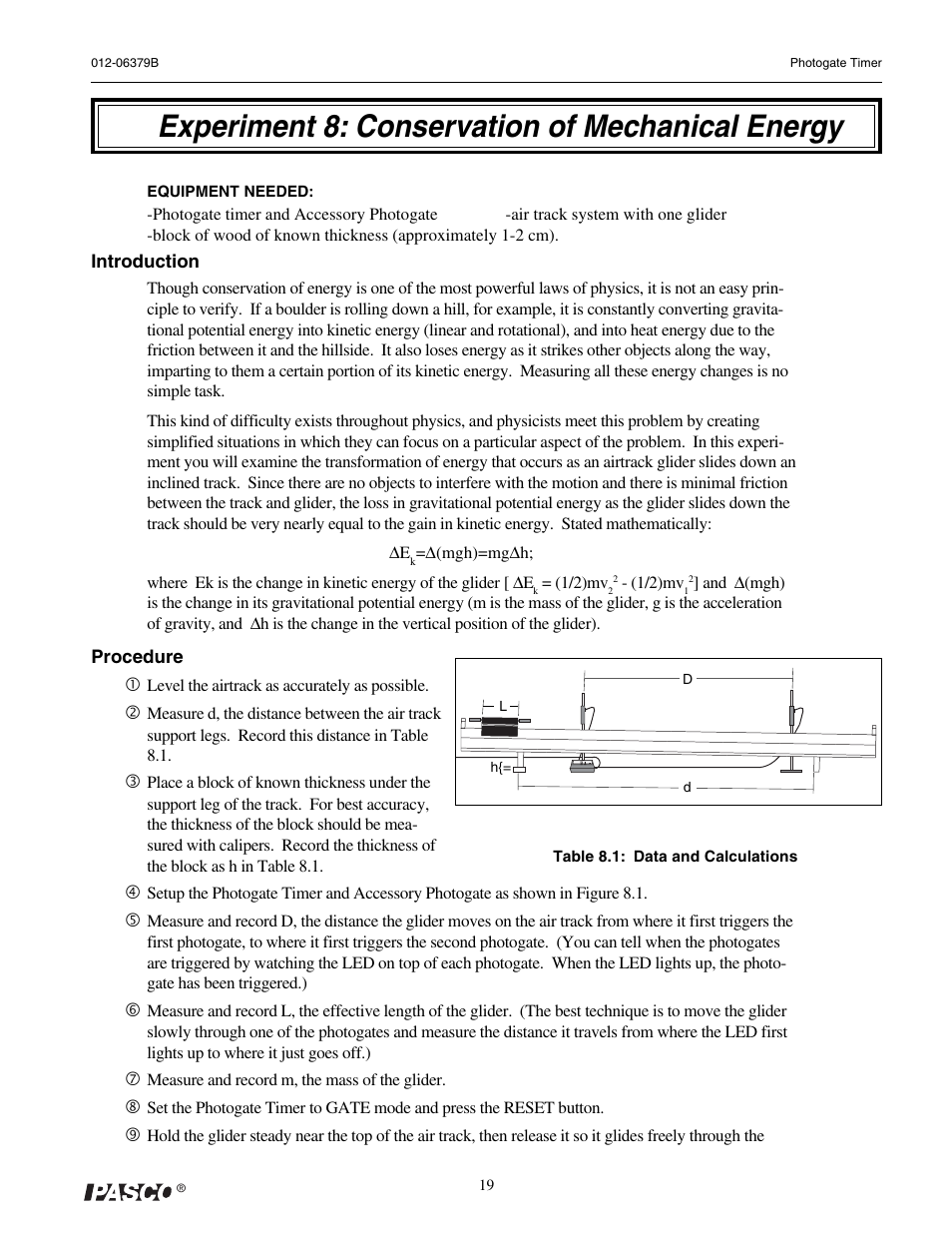Experiment 8: conservation of mechanical energy | PASCO ME-9215B Photogate Timer User Manual | Page 23 / 44