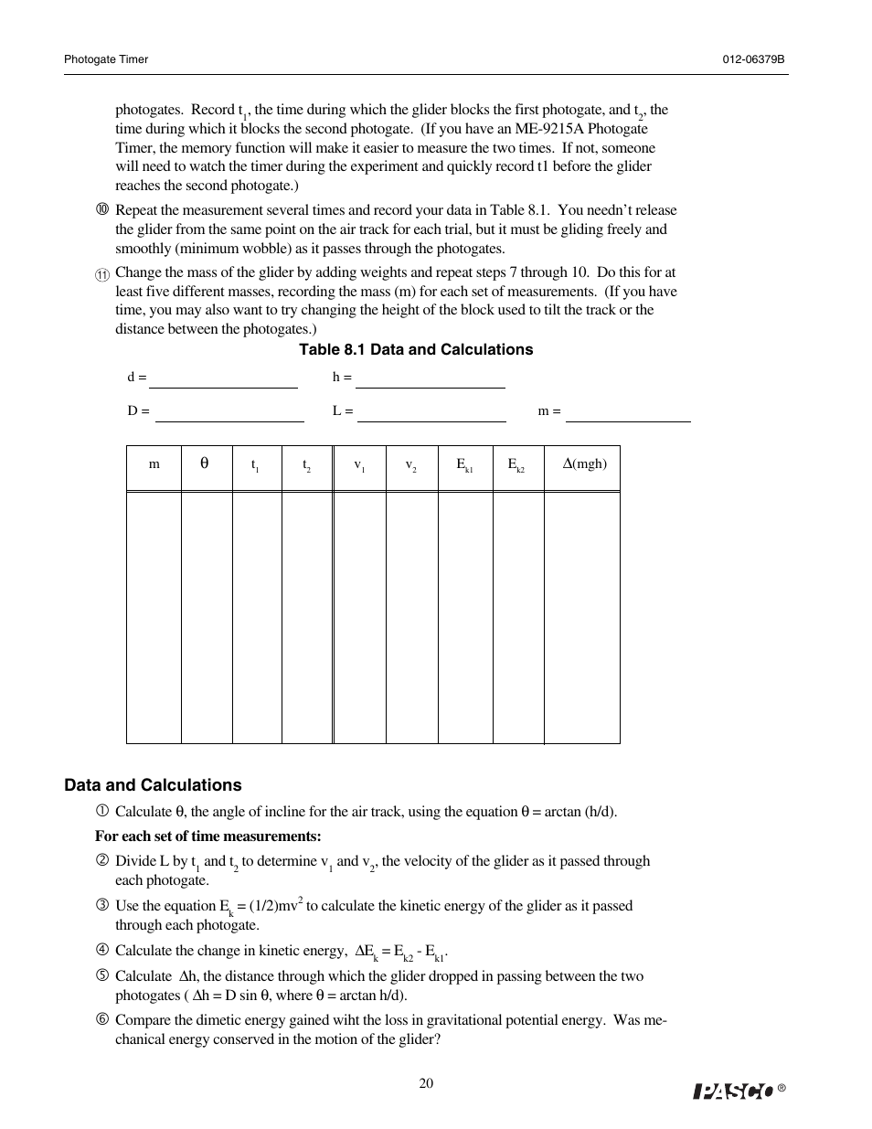 PASCO ME-9215B Photogate Timer User Manual | Page 24 / 44