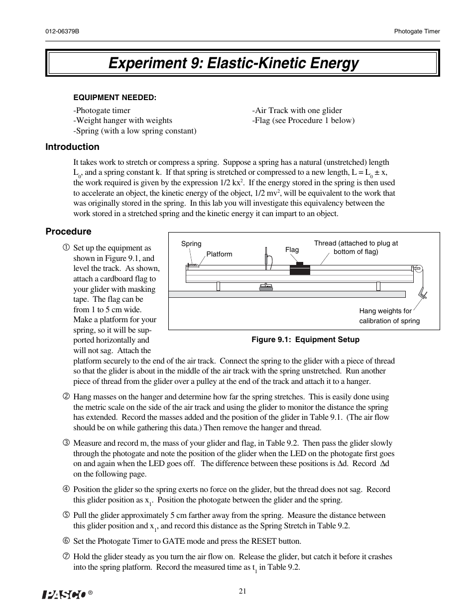Experiment 9: elastic-kinetic energy | PASCO ME-9215B Photogate Timer User Manual | Page 25 / 44