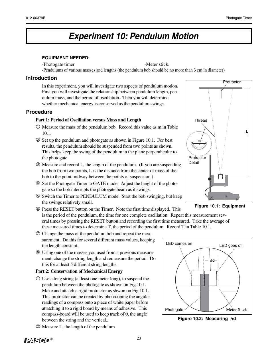 Experiment 10: pendulum motion | PASCO ME-9215B Photogate Timer User Manual | Page 27 / 44