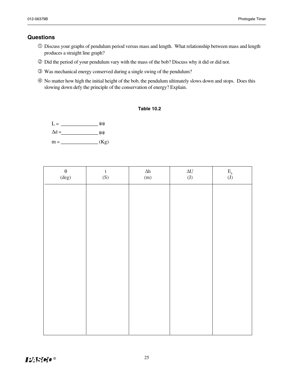 PASCO ME-9215B Photogate Timer User Manual | Page 29 / 44