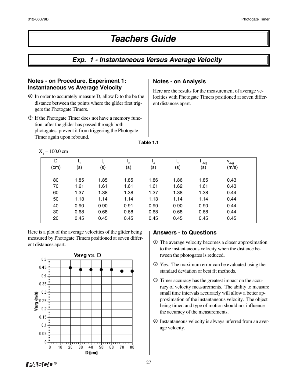 Teachers guide, Exp. 1 - instantaneous versus average velocity | PASCO ME-9215B Photogate Timer User Manual | Page 31 / 44