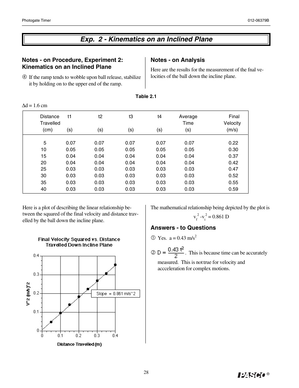 Exp. 2 - kinematics on an inclined plane | PASCO ME-9215B Photogate Timer User Manual | Page 32 / 44