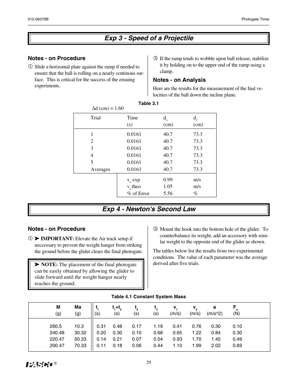 Exp 3 - speed of a projectile, Exp 4 - newton's second law | PASCO ME-9215B Photogate Timer User Manual | Page 33 / 44