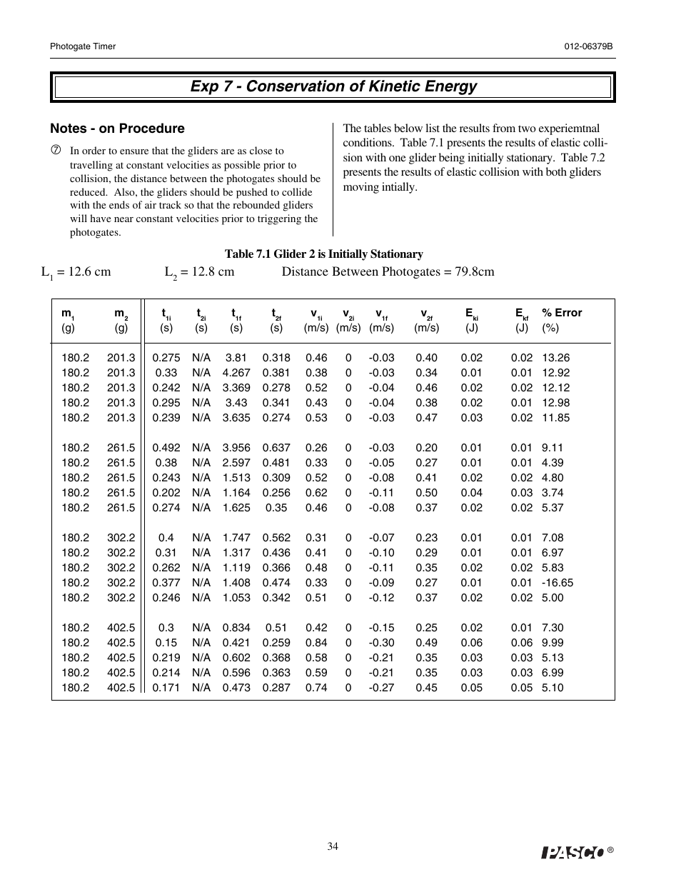 Exp 7 - conservation of kinetic energy | PASCO ME-9215B Photogate Timer User Manual | Page 38 / 44