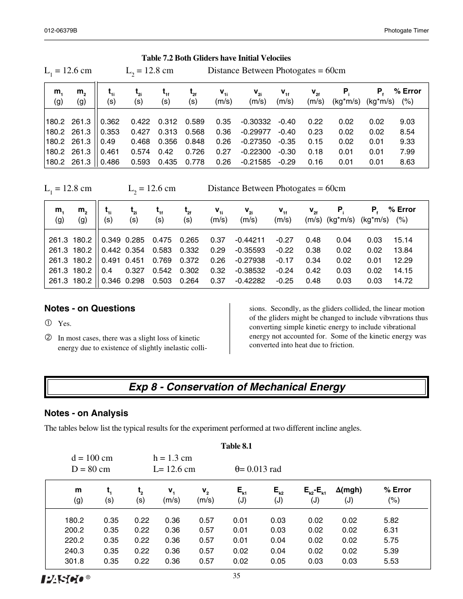 Exp 8 - conservation of mechanical energy, 6 cm l, 8 cm distance between photogates = 60cm | 8 cm l, 6 cm distance between photogates = 60cm | PASCO ME-9215B Photogate Timer User Manual | Page 39 / 44