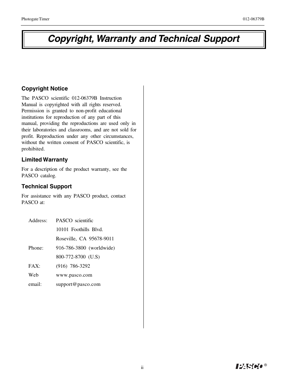 Copyright, warranty and technical support | PASCO ME-9215B Photogate Timer User Manual | Page 4 / 44