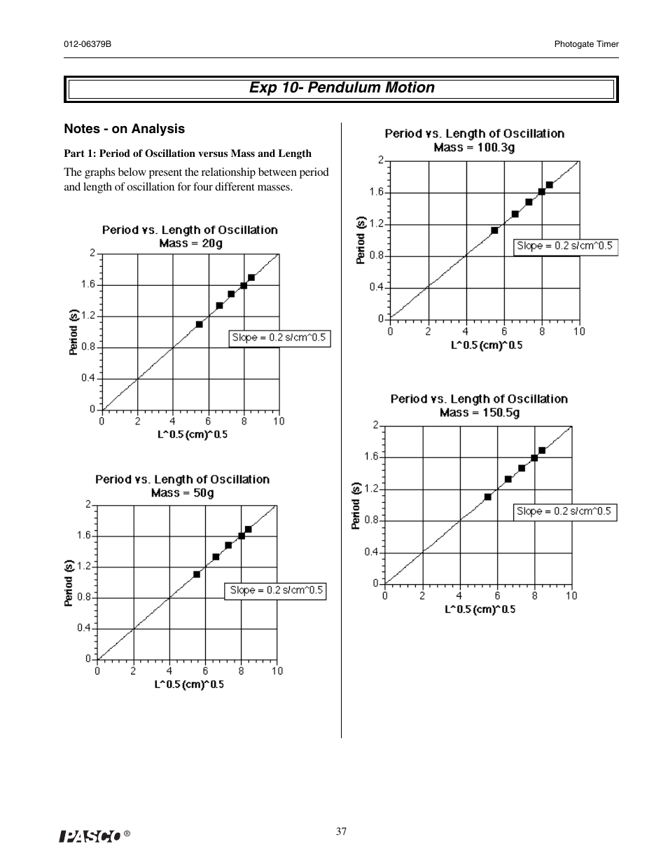 Exp 10- pendulum motion | PASCO ME-9215B Photogate Timer User Manual | Page 41 / 44