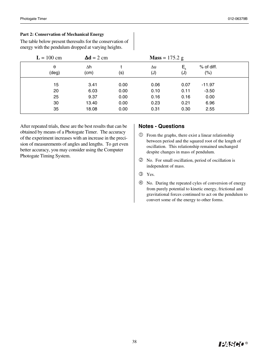 PASCO ME-9215B Photogate Timer User Manual | Page 42 / 44