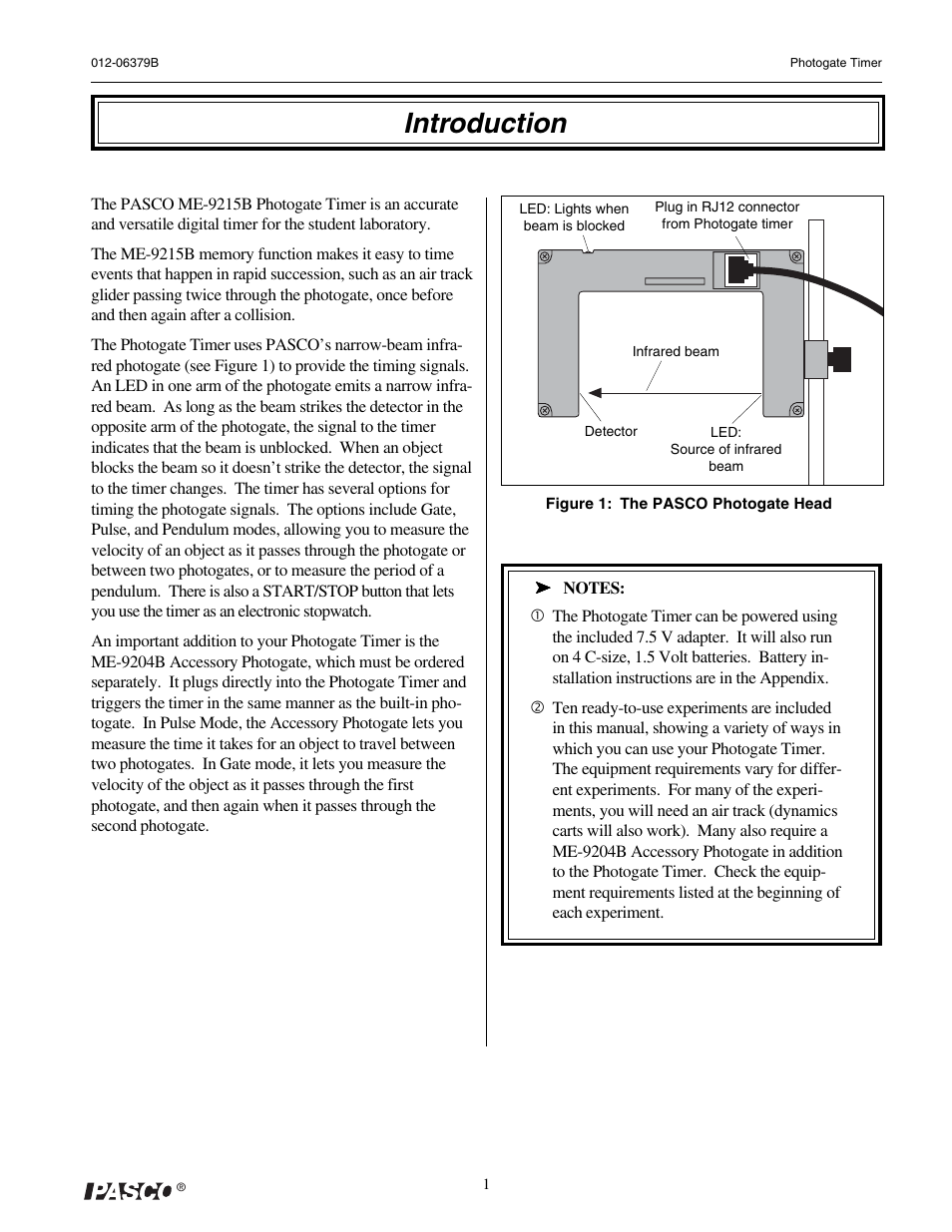Introduction | PASCO ME-9215B Photogate Timer User Manual | Page 5 / 44