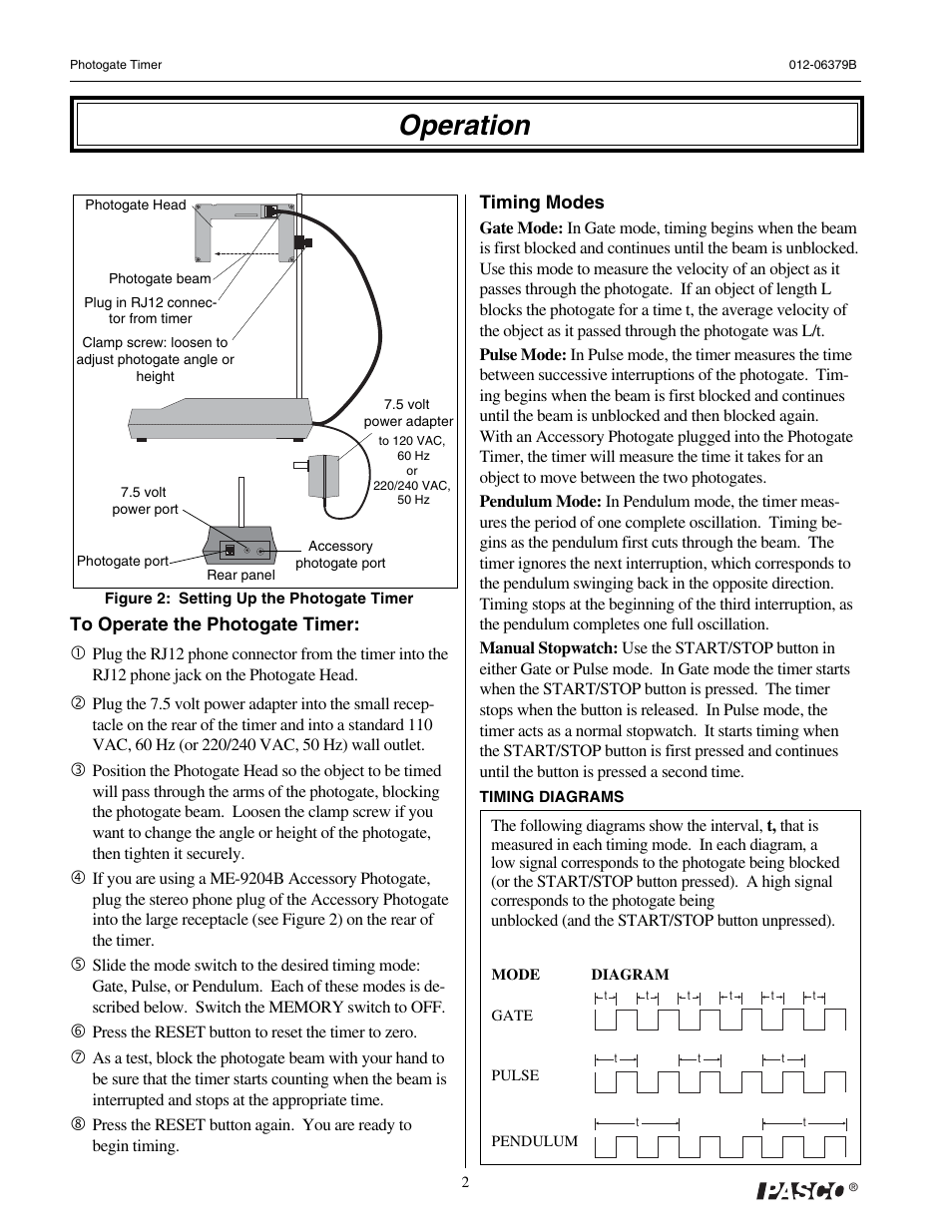 Operation | PASCO ME-9215B Photogate Timer User Manual | Page 6 / 44