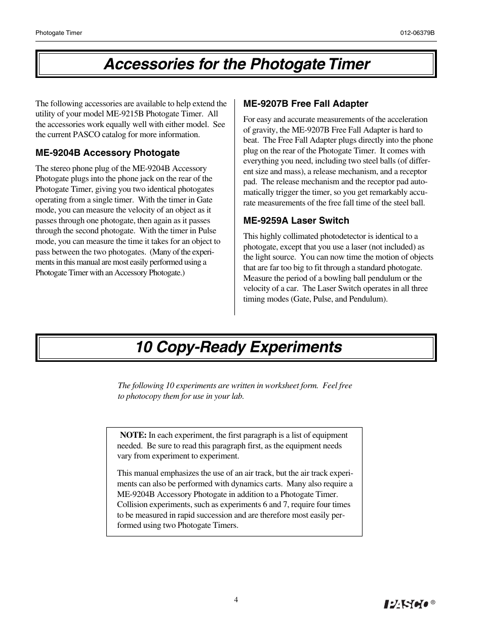 Accessories for the photogate timer, 10 copy-ready experiments | PASCO ME-9215B Photogate Timer User Manual | Page 8 / 44
