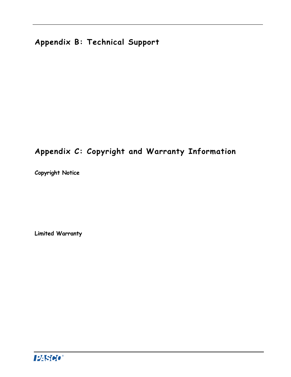 Appendix b: technical support, Appendix c: copyright and warranty information | PASCO ME-6664 Photogate Tape Set User Manual | Page 14 / 14