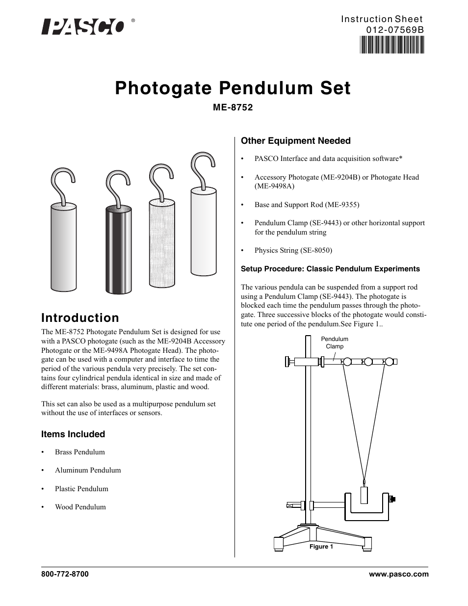 PASCO ME-8752 Photogate Pendulum Set User Manual | 2 pages
