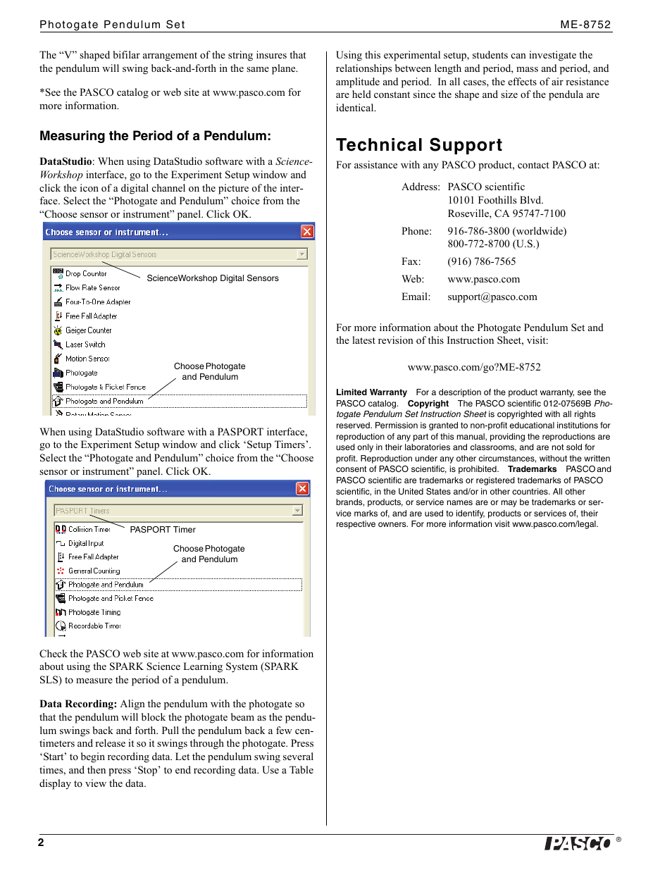 Technical support, Measuring the period of a pendulum | PASCO ME-8752 Photogate Pendulum Set User Manual | Page 2 / 2