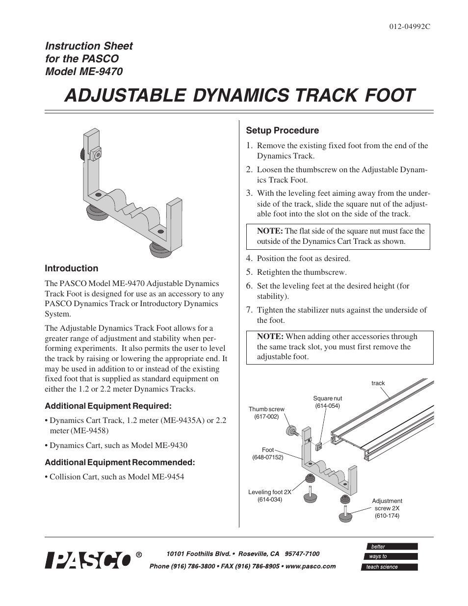 PASCO ME-9470 ADJUSTABLE DYNAMICS TRACK FOOT User Manual | 2 pages