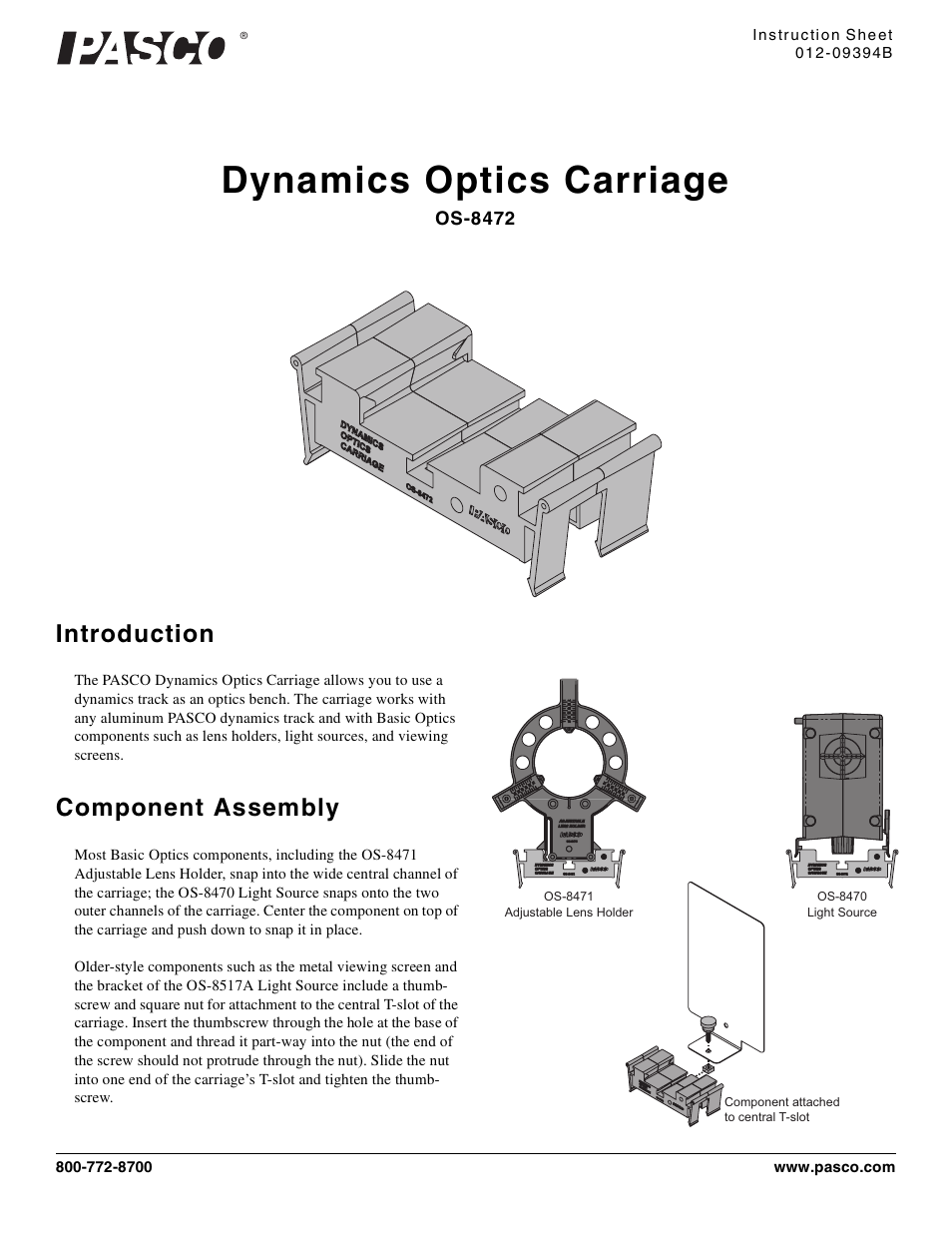 PASCO OS-8472 Dynamics Optics Carriage User Manual | 2 pages