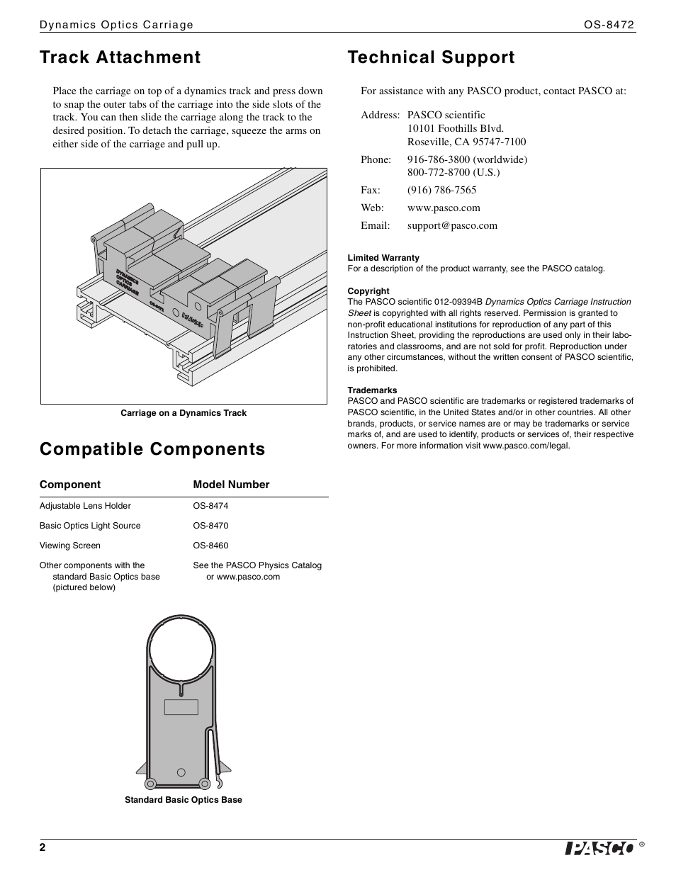 Track attachment, Compatible components, Technical support | PASCO OS-8472 Dynamics Optics Carriage User Manual | Page 2 / 2