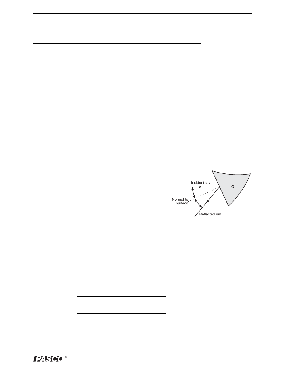 Experiment 3: reflection, Purpose, Part 1: plane mirror procedure | PASCO OS-8459 Beginning Optics System User Manual | Page 11 / 51