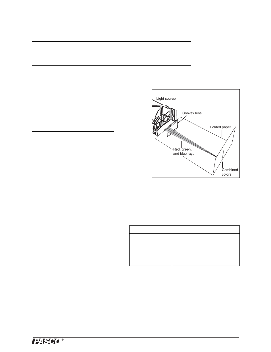 Experiment 1: color addition, Purpose, Part 1: addition of colored light procedure | Questions | PASCO OS-8459 Beginning Optics System User Manual | Page 7 / 51