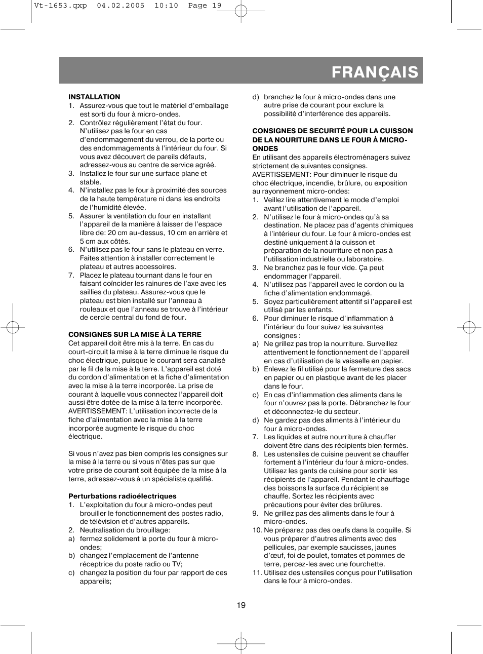 Français | Vitek VT-1653 User Manual | Page 19 / 72