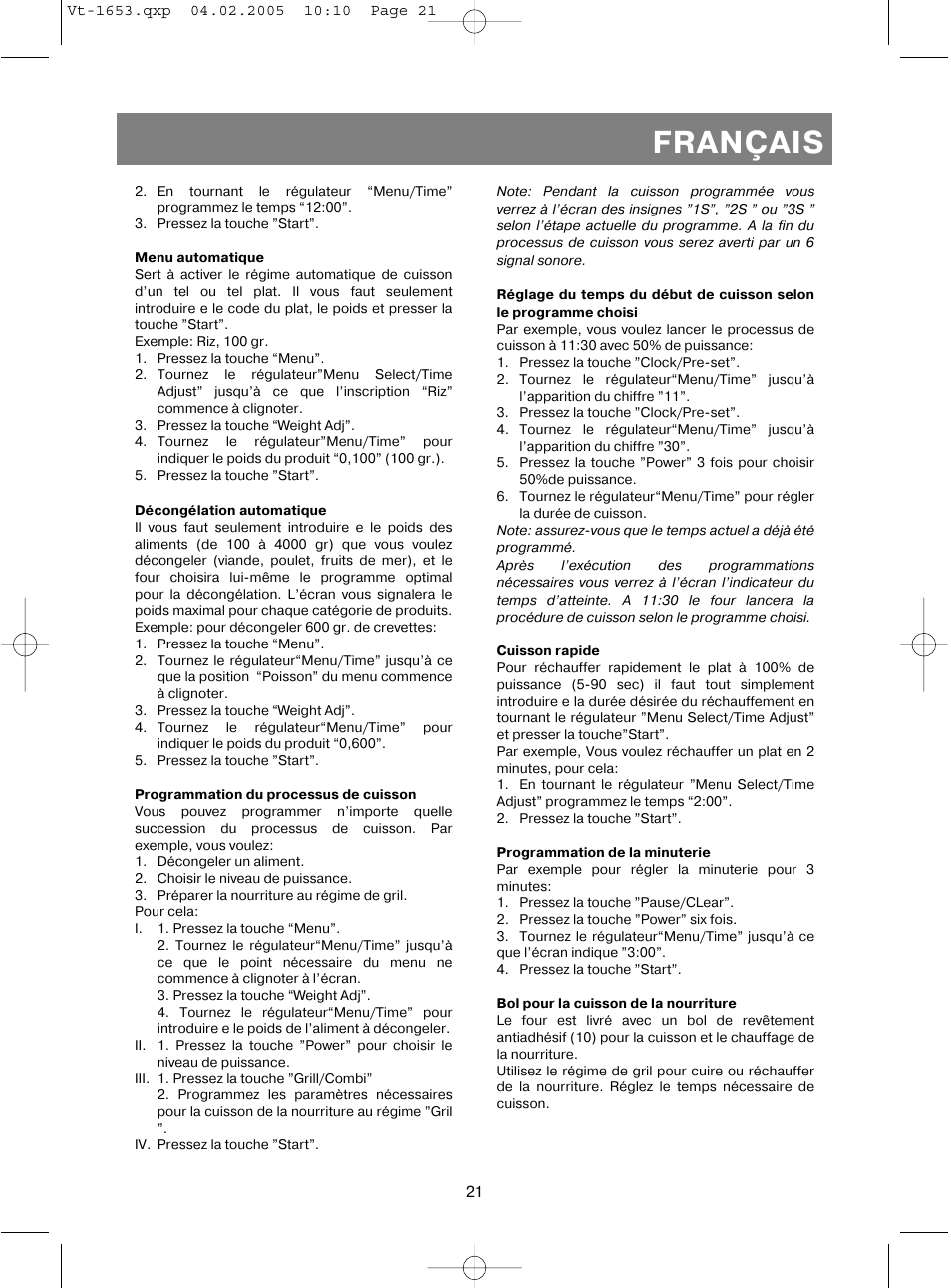 Français | Vitek VT-1653 User Manual | Page 21 / 72