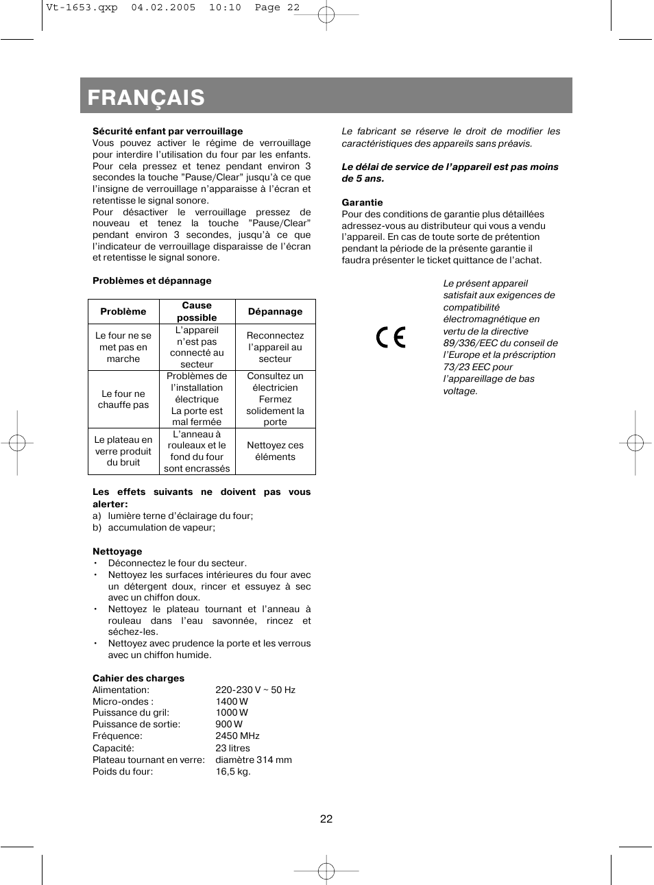 Français | Vitek VT-1653 User Manual | Page 22 / 72