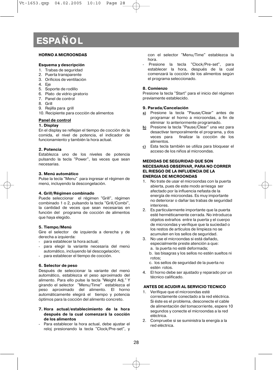 Español | Vitek VT-1653 User Manual | Page 28 / 72