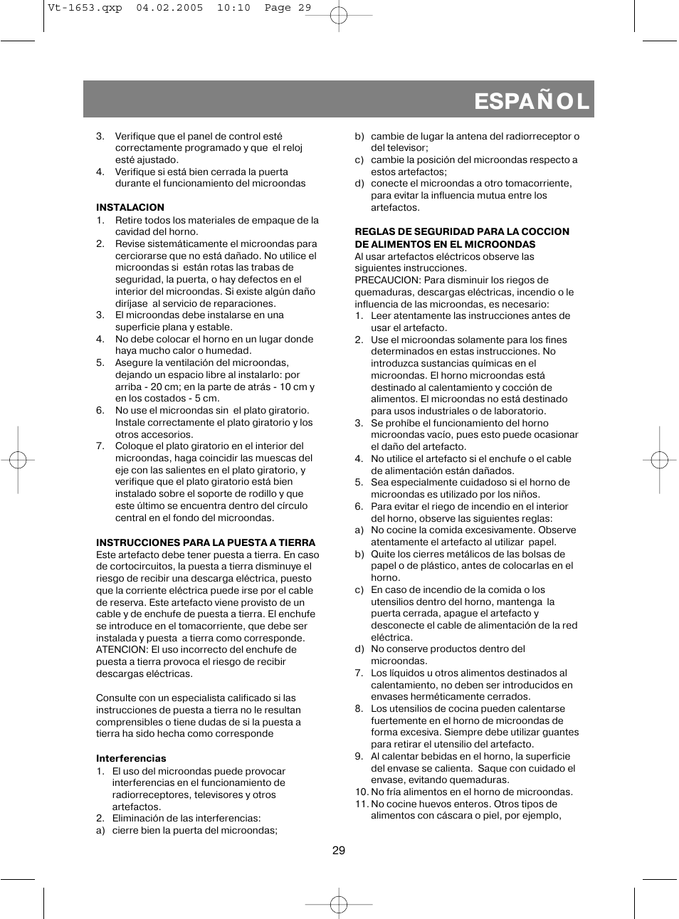 Español | Vitek VT-1653 User Manual | Page 29 / 72
